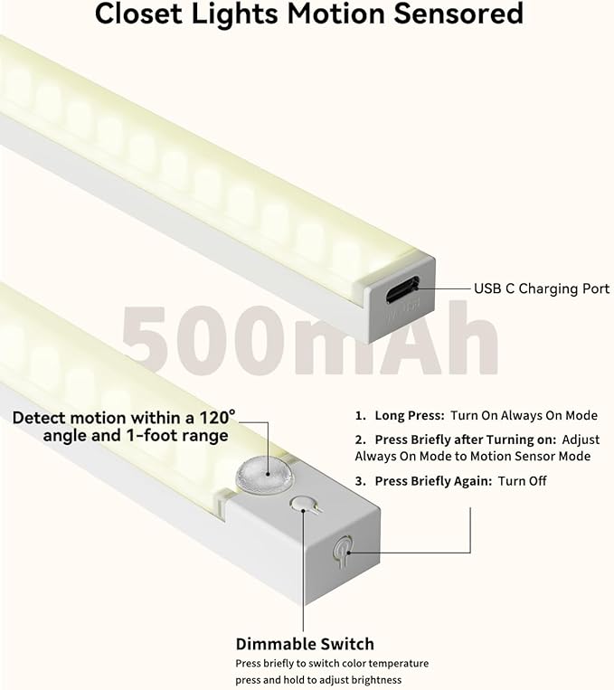 6-Pack Under Cabinet Lighting with Charging Station 12 in Rechargeable Motion Sensor Light Indoor, 3 Color Dimmable Closet Light Battery Operated, USB Stick on LED Magnetic Lights for Kitchen