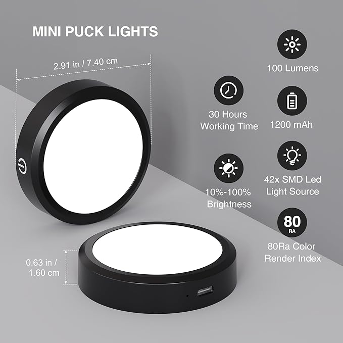 Rechargeable Puck Lights with Remote Control,LED Under Cabinet Light with Full-Screen,3 Color Temperatures Stick On Wireless, Tap for Kitchen,Cabinet,Counter,Closet,Shelf,2 Pack, Black