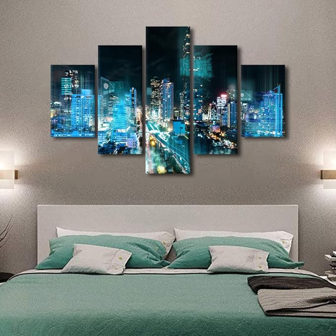 Night Cityscape Wall Art Thailand Wireless Network Picture Modern Home Decoration 5 Panel Smart City Poster Internet Workers Bedroom Decoration Frame and Stretched Ready to Hang 60x40 Inch