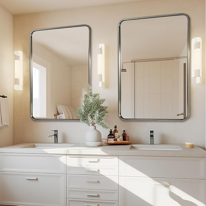 ANDY STAR 48x32 Inch Brushed Nickel Bathroom Mirror, Rounded Rectangle Bathroom Vanity Mirrors for Wall, Anti-Rust SUS304, Seamless Tube Metal Frame, 1’’ Deep Wall Mounted Vertically/Horizontal