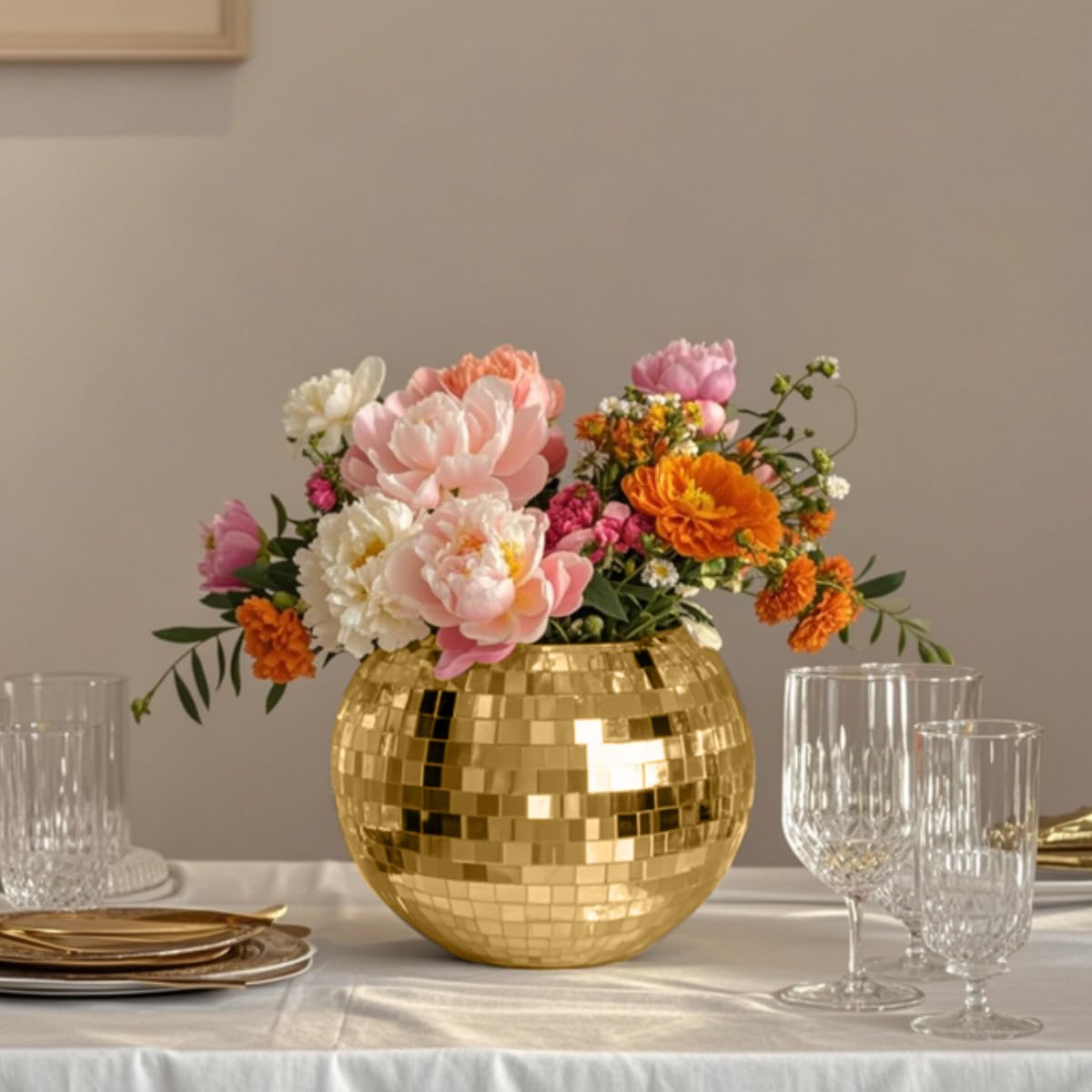 Disco Ball Vase Gold Mosaic Glass Mirror Ball Planter Disco Ball Planter for Centerpieces Disco Ball Decor Flower Vase with Silver Mirror Glass for Wedding Party Birthday, Disco Decor (5" X 6"")"