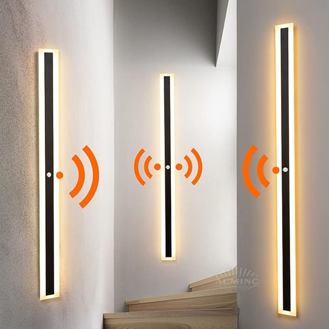 Indoor Long Wall Lamp with Motion Detector, Nordic Modern LED Wall Lamps for Bedroom, Living Room, Bathroom, Hallway, Stairs -Warm White 3000K Metal Black Wall Lights,120cm