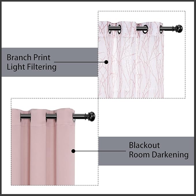 BONZER Mix and Match Curtains - 2 Pieces Branch Print Sheer Curtains and 2 Pieces Blackout Curtains for Bedroom Living Room Grommet Window Drapes, 37x63 Inch/Panel, Blush, Set of 4 Panels