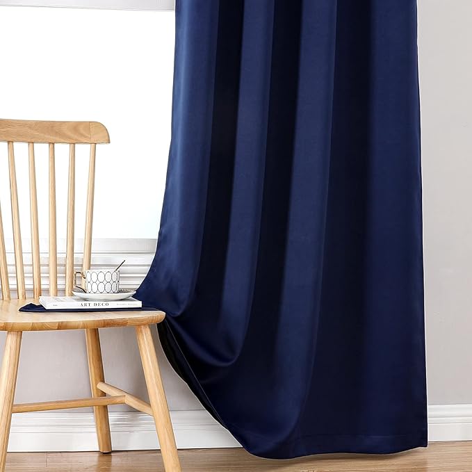 ChrisDowa 100% Blackout Curtains for Bedroom with Black Liner, 2 Thick Layers Total Blackout Thermal Insulated Grommet Window Curtains 2 Panels Set (Navy Blue, 52 x 63 Inch)