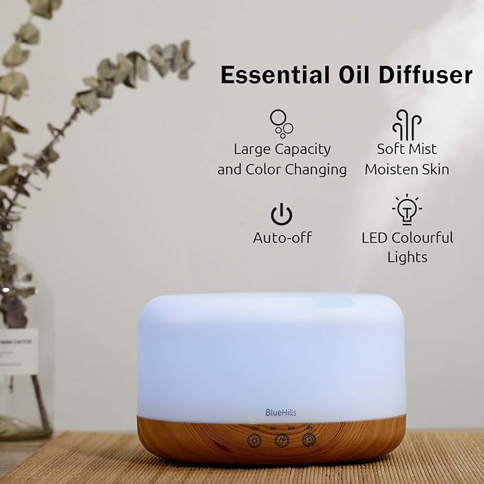 BlueHills Premium Set of Two Large 1000 ML XL Essential Oil Diffusers Humidifier Combo for Large Room Home with Décor LED Lights Great Gift – Value Pack of Dark Wood Grain and Wood Grain.