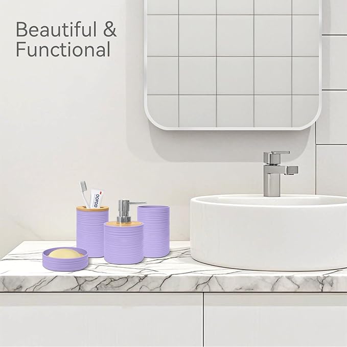 Bathroom Accessories Set 4 PCS, Bathroom Sets Accessories, Bamboo Bathroom Accessory Set Includes Soap Dish, Soap Dispenser, Toothbrush Holder, Toothbrush Cup, Boho Bath Decor(Light Purple)