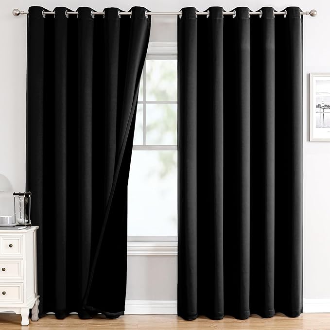 ChrisDowa 100% Blackout Curtains 84 inch Long for Bedroom with Black Liner, Extra Wide 2 Thick Layers Total Blackout Thermal Insulated Grommet Window Curtains 2 Panels Set (Black, 60 x 84 Inch)