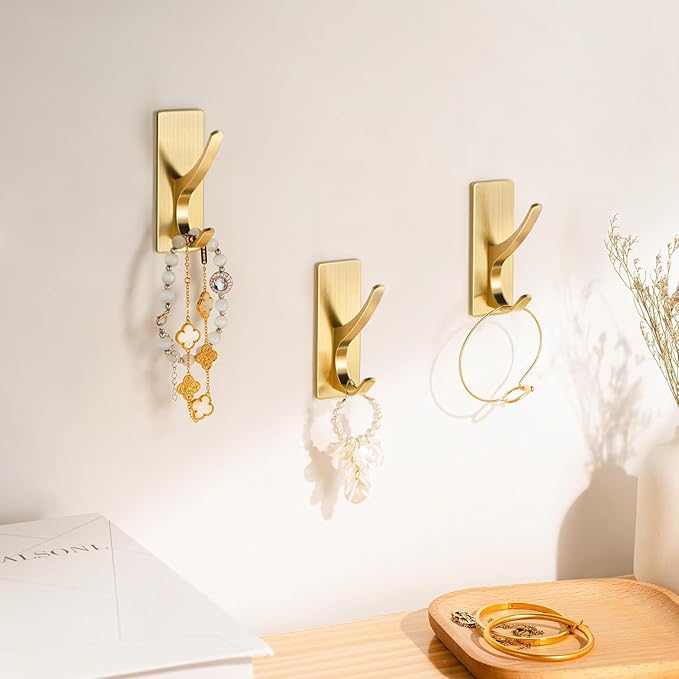 pickpiff Self Adhesive Coat Hooks for Hanging, Heavy Duty Stainless Double Wall Hook for Towel, Backpack, Hat, Sturdy Metal Hanger for Bathroom, Bedroom, Door, Wall Mounted, 6-Pack, Brushed Gold