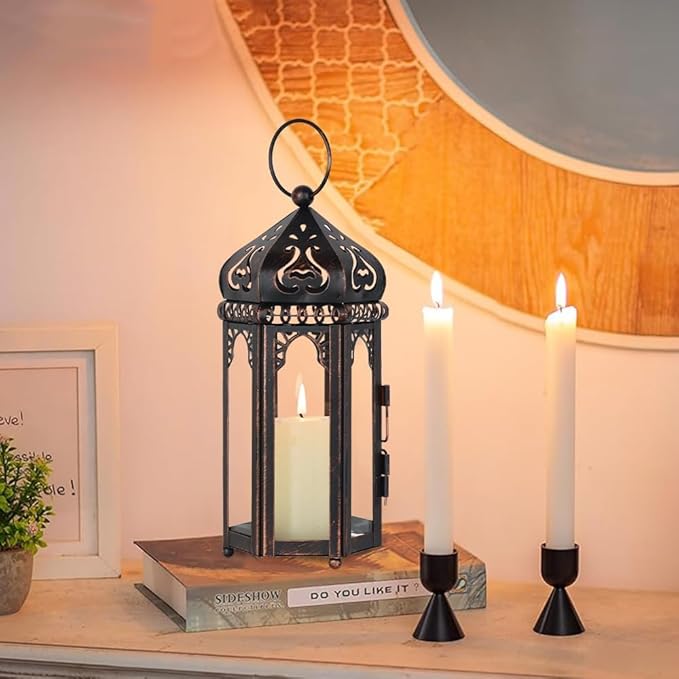 DECORKEY Vintage Medium Size Candle Lantern Decorative, Moroccan Style Vintage Hanging Lantern with Clear Glass, Metal Tabletop Lantern Decor, Indoor Outdoor Candle Holders for Coming Season
