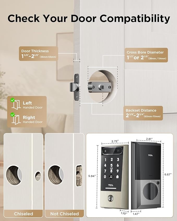 TCL D2 Pro Smart Lock with Palm Vein Recognition, Keyless Entry Door Lock for Front Door, Wi-Fi Keypad Deadbolt, App Remote Control, Auto Lock, Rechargeable Battery, Compatible with Alexa & Google