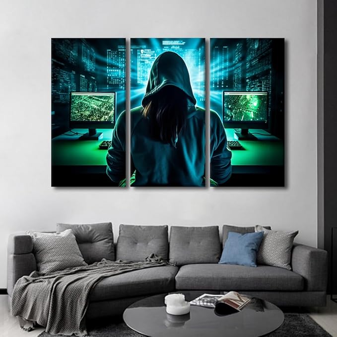 3 Pieces Canvas Wall Art Hacker Malware Picture Hacker Paintings for Wall Decorations AI Big Data Modern Artwork Stretched Canvas Prints Hacker Posters and Prints Framed Ready to Hang, 60"Wx40"H