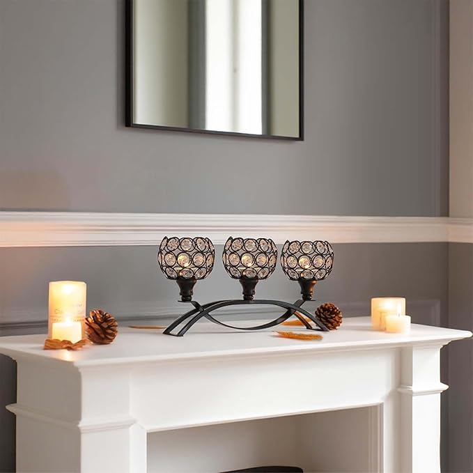 Crystal Tealight Candle Holder Centerpiece Home Decorative Candlestick Holder Elegant Table Centerpiece Home Decor Wedding Party Anniversary (Black, 3 Arm)