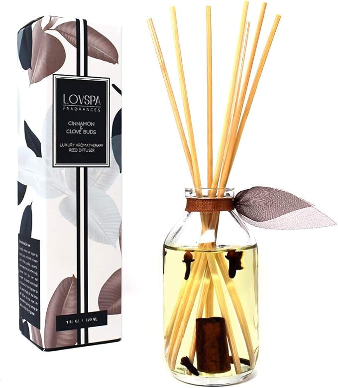 LOVSPA Reed Diffuser Set, Cinnamon & Clove Buds Scented Oil Diffuser with Sticks, Home Fragrance Accessories for Bathroom Shelf Decor, Aroma Diffusers for Home or Office Fall Decor, USA Made