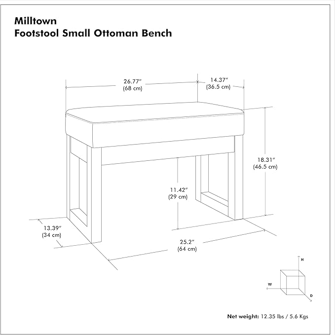 SIMPLIHOME Milltown Small Ottoman Bench - 27 inch Wide Upholstered Tweed Look Fabric Rectangle Footstool Ottoman in Platinum, Contemporary Bench for Bedroom or Entryway with Cushioned Seat, Assembled