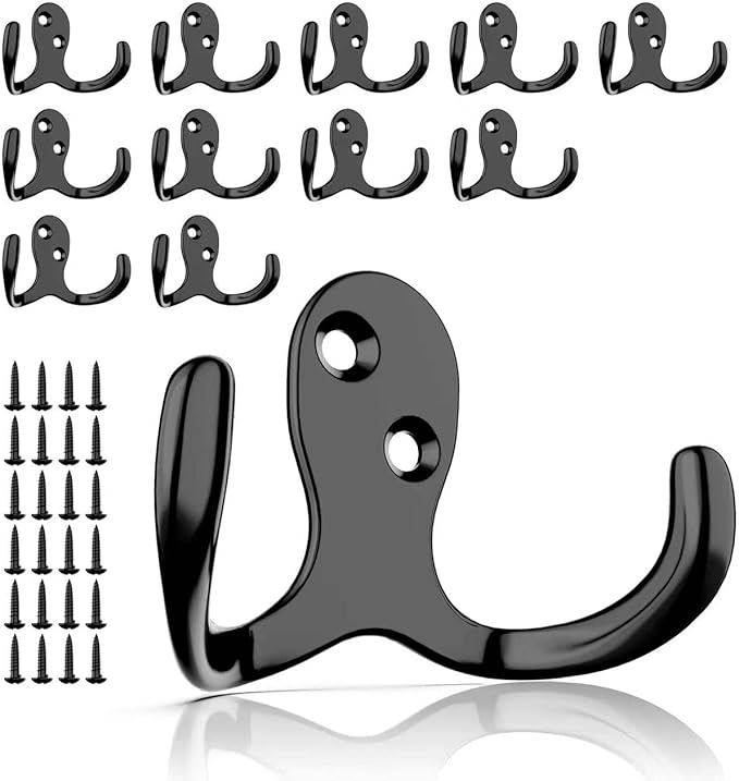 12 PCS Heavy Duty Coat Hooks - Wall Mounted Hooks for Coats, Backpacks, Robes & Hats - Includes 24 Screws