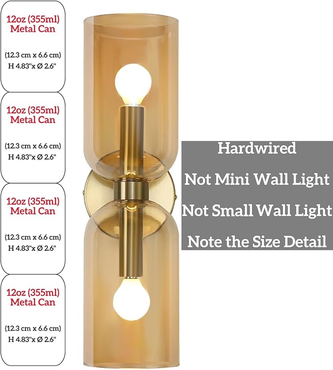 Minimalist 2-Light Gold Wall Sconces with Cylinder Glass Shades- Mid Century Vanity Wall Double Lights Hardwired- Modern Indoor Glass Wall Mounted Art Decor Lights (Amber, 1 Pack)
