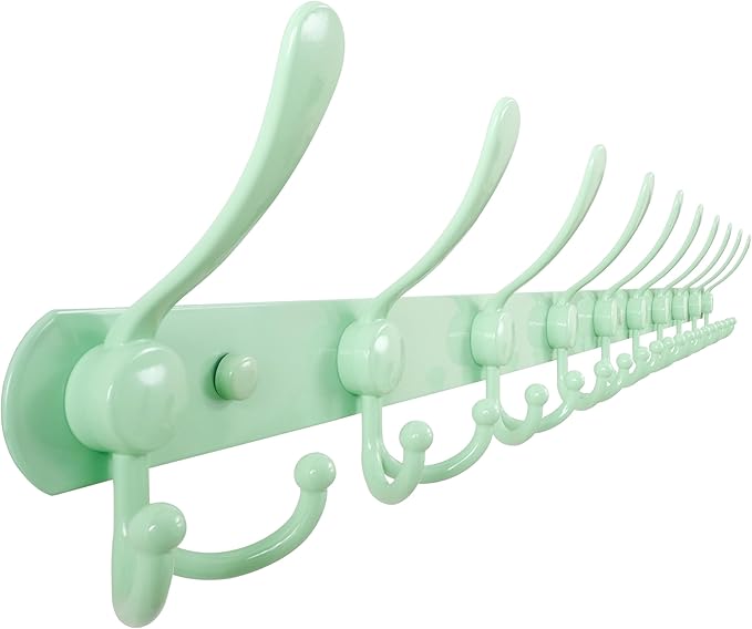 Dseap Coat Rack Wall Mount - 38” Long 10-Tri-Hooks Heavy Duty Coat Hanger Rail Wall Hooks for Hanging Coats Hats Clothing Clothes Purse Mudroom Entryway, Green