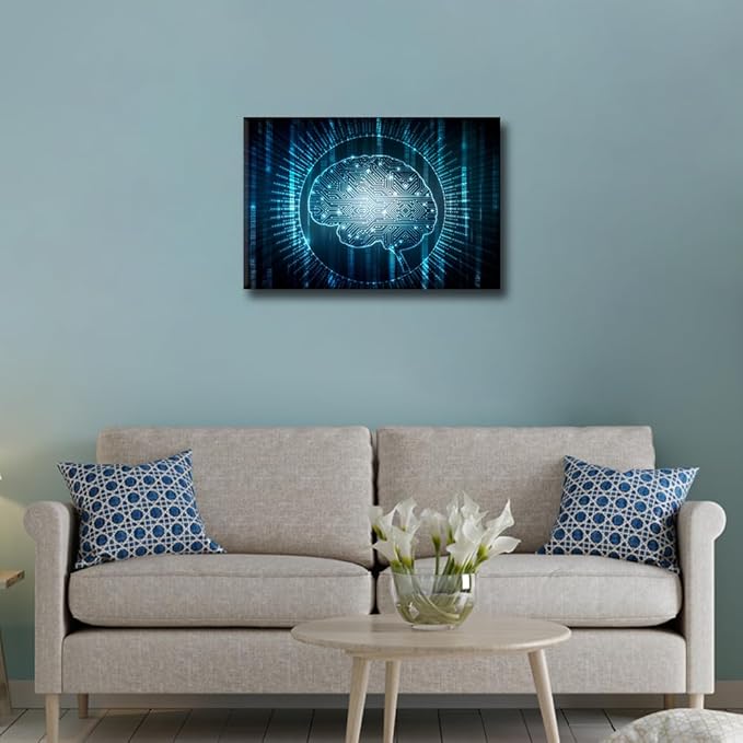 TUMOVO Digital Technology Wall Art for Living Room Artificial Intelligence Brain Canvas Wall Art Modern Wall Decor Art for Bedroom Office Paintings Giclee Framed Ready to Hang, 18x12in