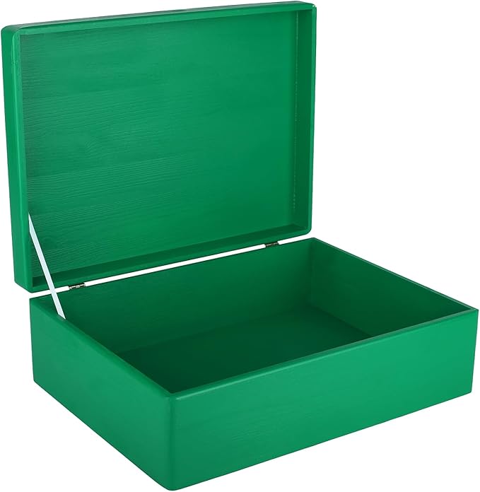 XL Green Wooden Box Storage with Hinged Lid | 15.8 x 11.8 x 5.5 inches (+-0.5) | Gift Box for Tool Dog Shoes Clothes Kitchen Storage Document | Wood Keepsake Chest