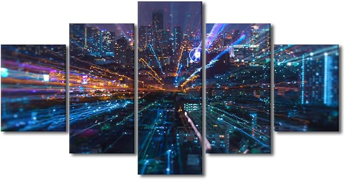 Bangkok Cityscape Wall Art Smart City and Digital Poster 5 Panel Canvas Connection Concept Picture Decoration Modern Home Decor for Living Room Decor Frame and Stretched Ready to Hang 60x32 Inch