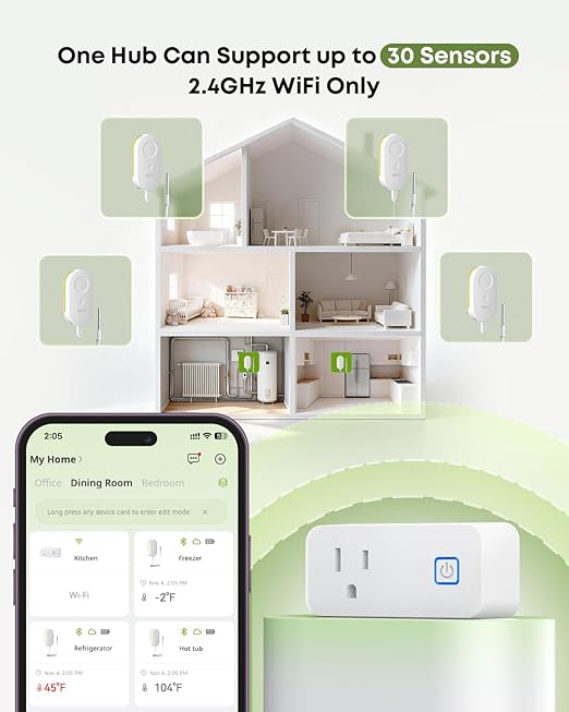 MOCREO WiFi Freezer Thermometer with Alarm, Wireless Refrigerator Temperature Sensor with Remote App Notification, Email Alert, 2 Years Free Data Export, for Home Kitchen Fridge Hot Tub