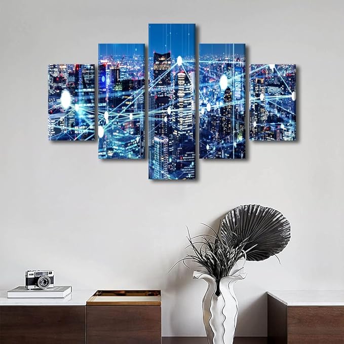 City Night Landscape Picture Modern Canvas Art Internet Companies Wall Decorate Big Data Worker Office Decorate Native Americans Home Decoration 5 Panel Poster Stretched Ready to Hang 60x40 Inch
