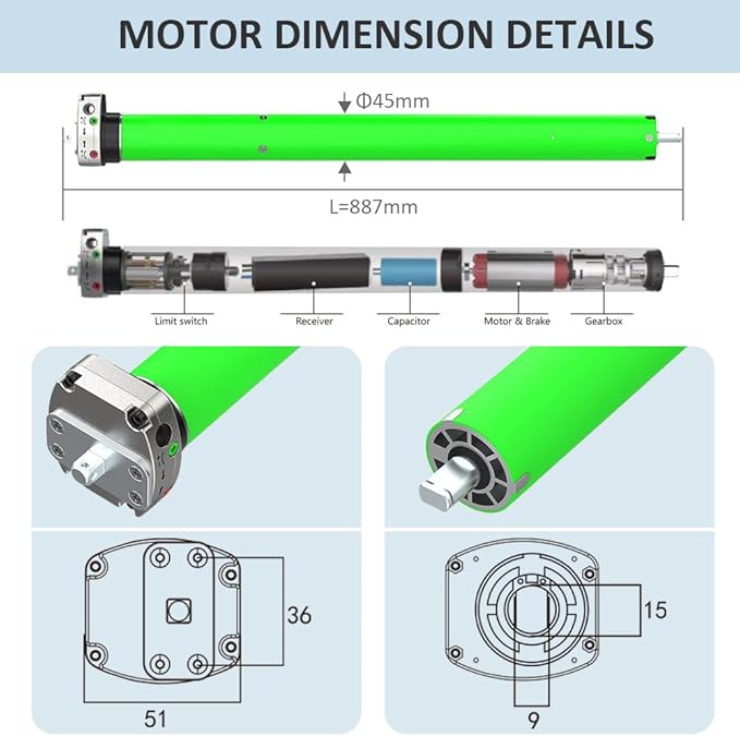 Remote Control DC24V Motorized Roller Shade Motor with Manual Override, 45mm Brushless Electric Awning Motor for Windproof Shades, High Torque Tubular Motor (20 N.m for Φ74mm（3"） Round Tube)