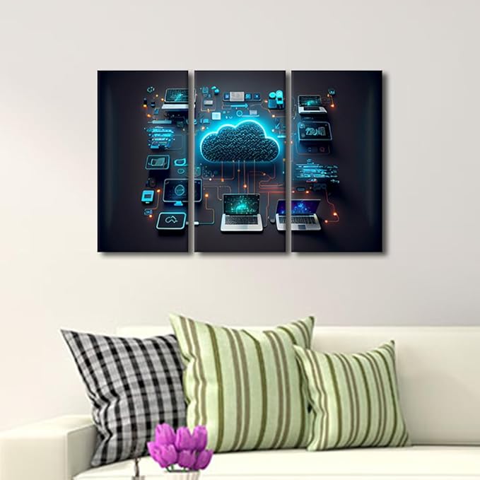 TUMOVO Bedroom Wall Decor 3 Panel Devices Connected to Digital Storage in the Data Center Via the Internet Pictures Print on Canvas for Living Room Bedrooms Wall Decorations, 36" Wx24 H