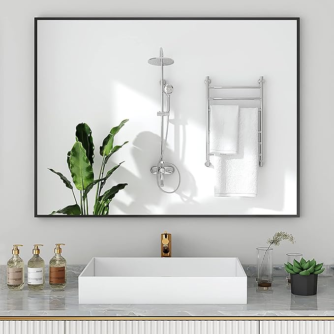 Rectangle Bathroom Mirror 30x40 inch, Large Mirror with Black Frame, Rectangular Vanity Mirror 30" X 40", Modern Matte Wall Mounting Mirrors, Hang Horizontal or Vertical