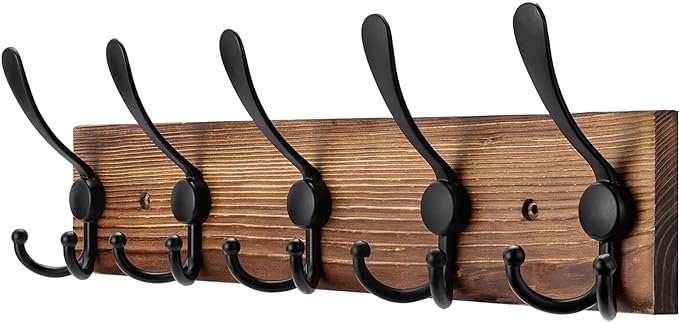 Coat Rack Wall Mount Wooden Hat Rack for Wall Hooks Pine Real Wood Plank 16.9" Brown Coat Hanger with 5 Triple Hooks for Hanging Coat Hat Jacket