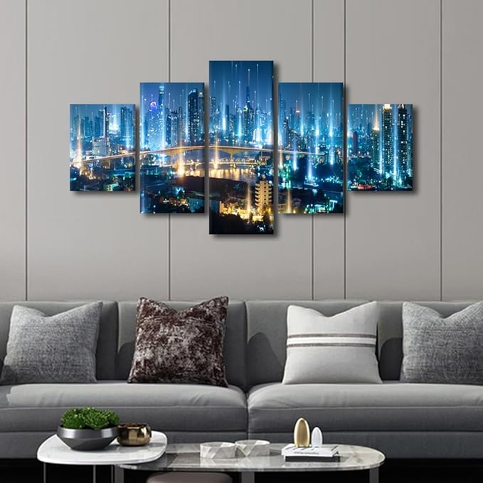 Canvas Wall Art for Living Room Big Data Worker Home Decoration 5 Panel Modern Cityscape Poster Smart City Picture Printing for Office Meeting Room Wall Decorate Stretched Ready to Hang 60x32 Inch