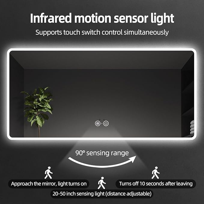 Led Mirror for Bathroom with Front Light and Backlit, Dimmable Anti Fog Wall Bathroom Mirror with Led Lights, Water Proof, Decor Vanity Mirror (36" L x 60" W)