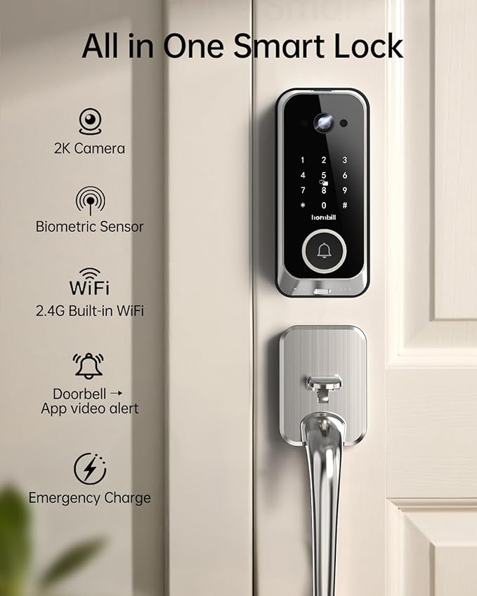 Smart Front Door Lock Sets: 2K HD Camera Lock with Doorbell Kits, Hornbill Fingerprint Keyless Entry Door Lock with Handles, WiFi Deadbolt(only 2.4G) for Remote Control, APP/Alexa/PIR,Satin Nickel