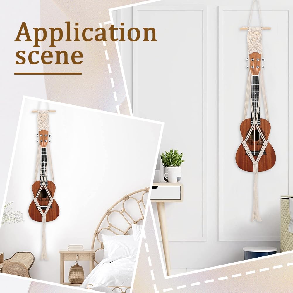 CREATCABIN Ukulele Wall Mount Hanger White Macrame Guitar Wall Hanger 7.87" x 37.4"" Cotton Boho Hanging Stand Holders Hangers Alternative Kit with Wood Head for Acoustic Electric Guitars Walls Decor"