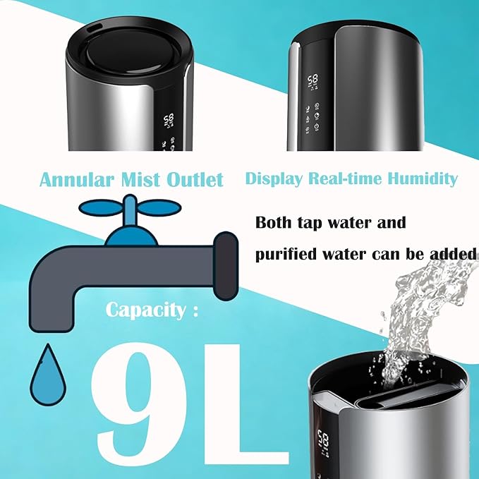 9L Cool Mist Humidifier, Ultrasonic Fast Humidifier for 645 Sq Ft, Smart App & Remote Control, HD Humidity Display, Tap Water Friendly for Home Office