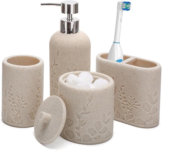 Aksipo Beige Bathroom Accessories Set, 4 Pcs Sturdy Resin Bathroom Accessory Set, Hand Soap Dispenser, Toothbrush Holder Set, Tumbler, Qtip Holder Dispenser, Stylish & Modern Bathroom Decor Set