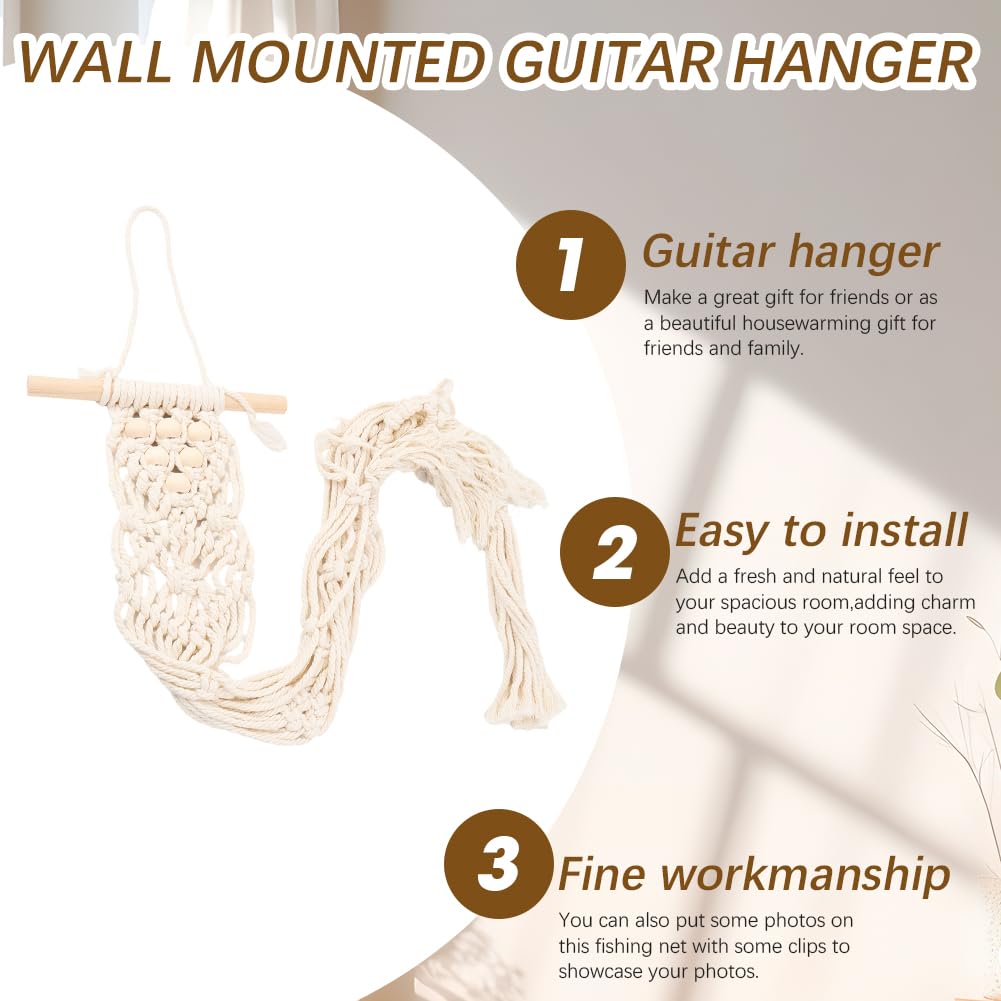CREATCABIN Ukulele Wall Mount Hanger White Macrame Guitar Wall Hanger 7.87" x 37.4"" Cotton Boho Hanging Stand Holders Hangers Alternative Kit with Wood Head for Acoustic Electric Guitars Walls Decor"