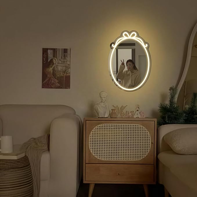 LED Mirror Neon Lights Light Up Dressing Mirror Cat/Shine Heart/Bat/Butterfly Shape Neon Mirror Sign for Modern Home Girl Room Bathroom Salon Wall Art Decor Gift For Girlfriend USB Powered