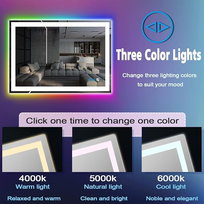 36 x 24 Inch Square LED Bathroom Mirror with Front Lights 3 Color + Rainbow RGB Backlit Light up Mirror for Bathroom Wall Mounted Lighted Vanity Mirror Anti Fog RGB 36x24 Smart Lighted Mirror