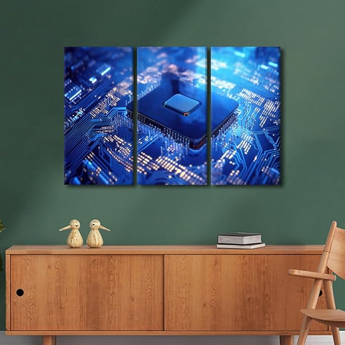 TUMOVO Semiconductor Chip Wall Decor 3 Pieces Canvas Wall Art Circuit Board Pictures Paintings Canvas Print Giclee Artwork for Home Walls Stretched and Framed Ready to Hang, 42" Wx28 H