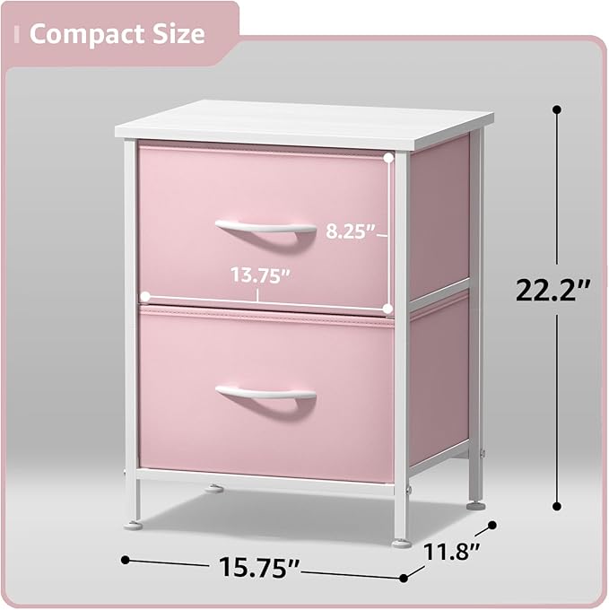 Sorbus Nightstand with 2 Drawers - Kids Bedside Furniture End Table Night Stand - Steel Frame, Wood Top & Easy Pull Fabric Bins - Dresser & Chest for Home, Bedroom Accessories, Office & College Dorm