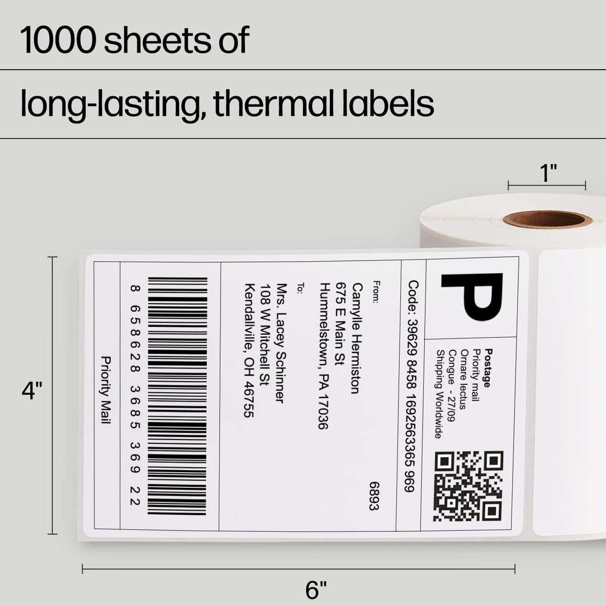 HP 4” x 6” Direct Thermal Shipping Labels, 4 Rolls 250 Sheets per Roll, Multipurpose Thermal Labels for Personal or Business Use, Compatible with HP and Other Thermal Label Printers, White