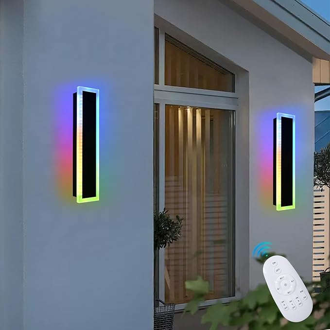 2 Pack RGB LED Outdoor Long Wall Lights,24 inch Modern Outdoor Light Fixture,Dimmable Exterior Linear Lighting Fixtures,RGB Long Linear Wall Light with Control Remote for Patio,Porch,Garage