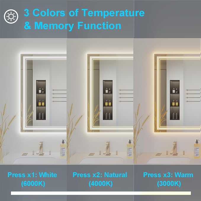 48x40 Light Up Bathroom Mirror, Rectangular LED Bathroom Vanity Mirror for Wall with Backlit & 2 Front Lights Triple Brightness, Dimmable 3 Colors, Anti-Fog and Memory Function for Restroom, Bedroom