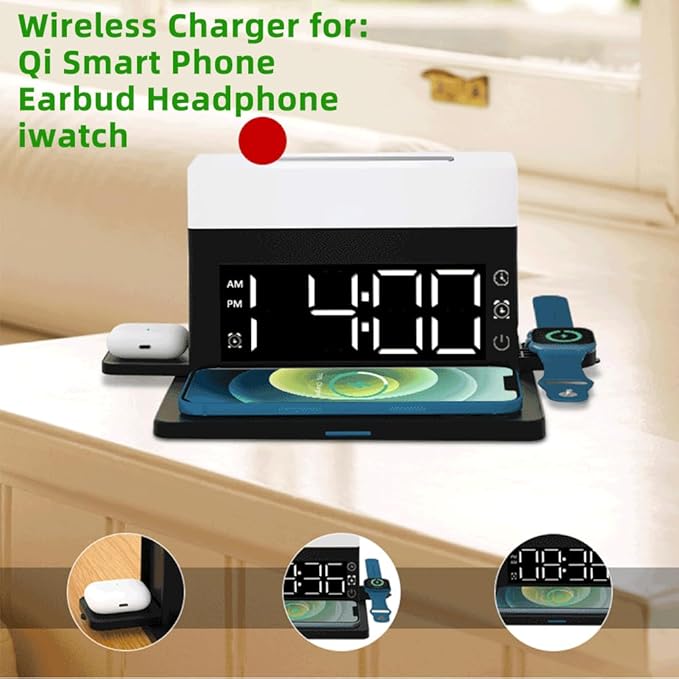 IHAO 6in1 Smart Alarm Clock with Wireless Charger RGB Mood Light 15W Fast Wireless Charging for All Qi Phone TWS Headphone Compliant with i-Watch 7 Color Night Light Large Digital Display-Black