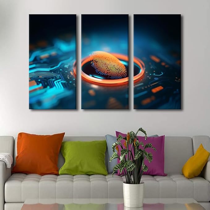 Framed Canvas Wall Art 3 Panels Digital Fingerprint Scanner Pictures Print On Canvas for Bedroom Living Room Wall Decoration, Wooden Framed Gallery-Wrapped Ready to Hang, 60" Wx40 H