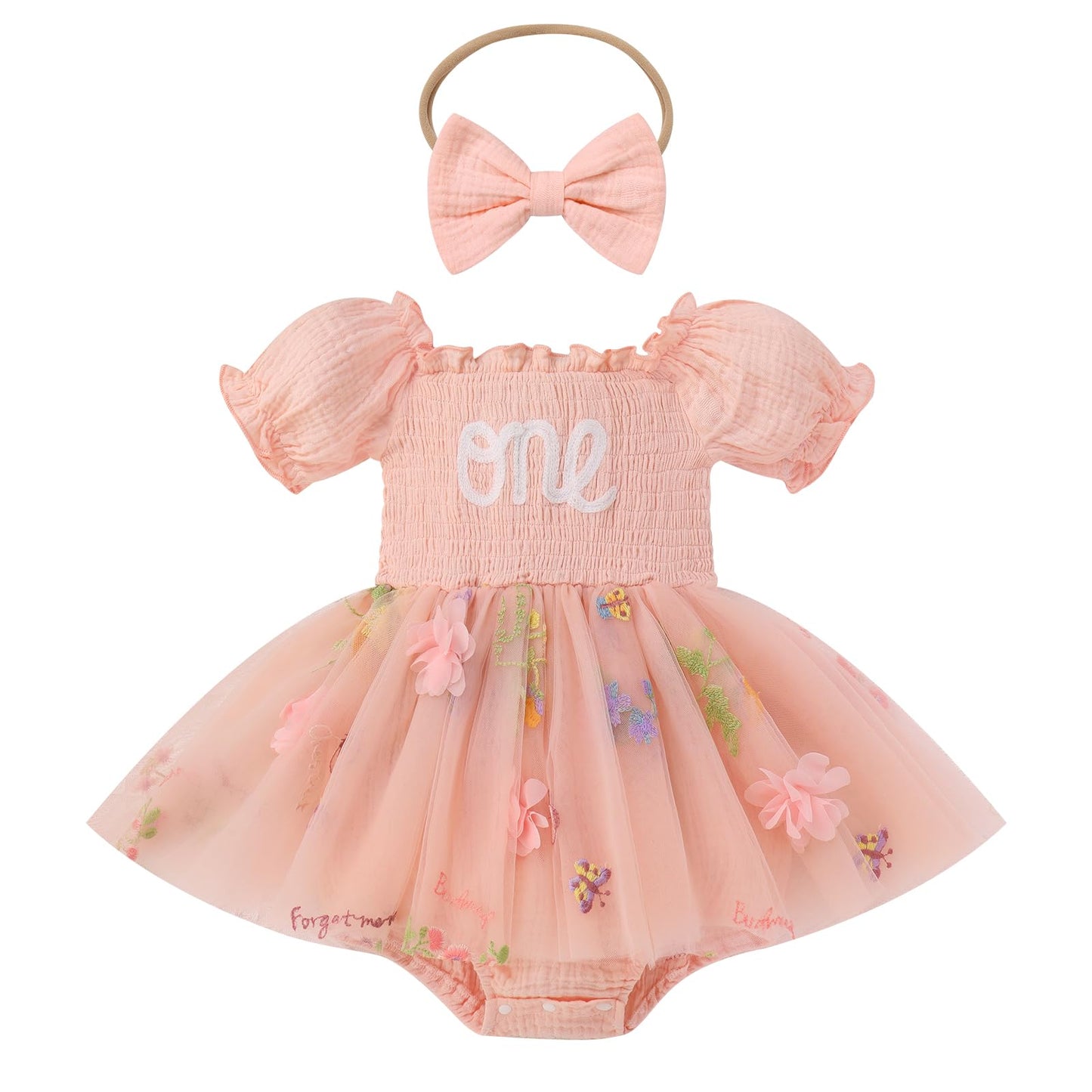 IMEKIS First Birthday Outfit Girl: Onederful Fairy 1st Smash Cake Baby Easter Smocked Dress Boho Bubble Romper Toddler Spring Photoshoot Tulle Tutu Tea Party Pink Floral One 12-18 Months