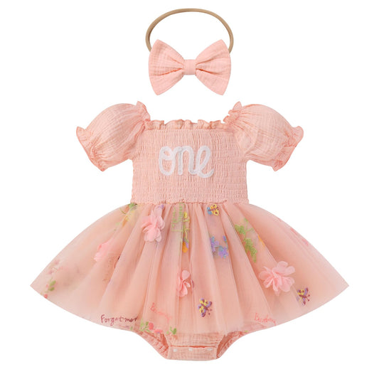 IMEKIS First Birthday Outfit Girl: Onederful Fairy 1st Smash Cake Baby Easter Smocked Dress Boho Bubble Romper Toddler Spring Photoshoot Tulle Tutu Tea Party Pink Floral One 12-18 Months