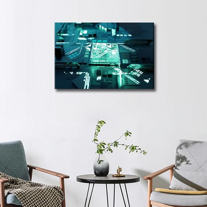 1 Panel AI Canvas Prints Glowing CPU Painting Computer Chip Pictures for Living Room Digital Age Modern Canvas Wall Art Framed House Decoration for Bedroom Office Ready to Hang - 36x24in