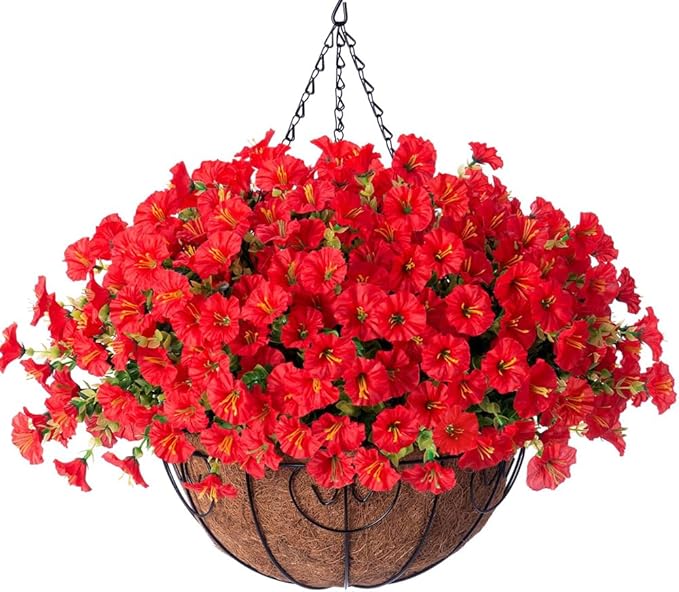 Artificial Fake Hanging Flowers Plants Baskets for Outdoor Decoration, Faux Silk Red Morning Glory in Planter Look Real UV Resistant Artificial Flower for Outside Porch Patio Garden Yard Home Decor
